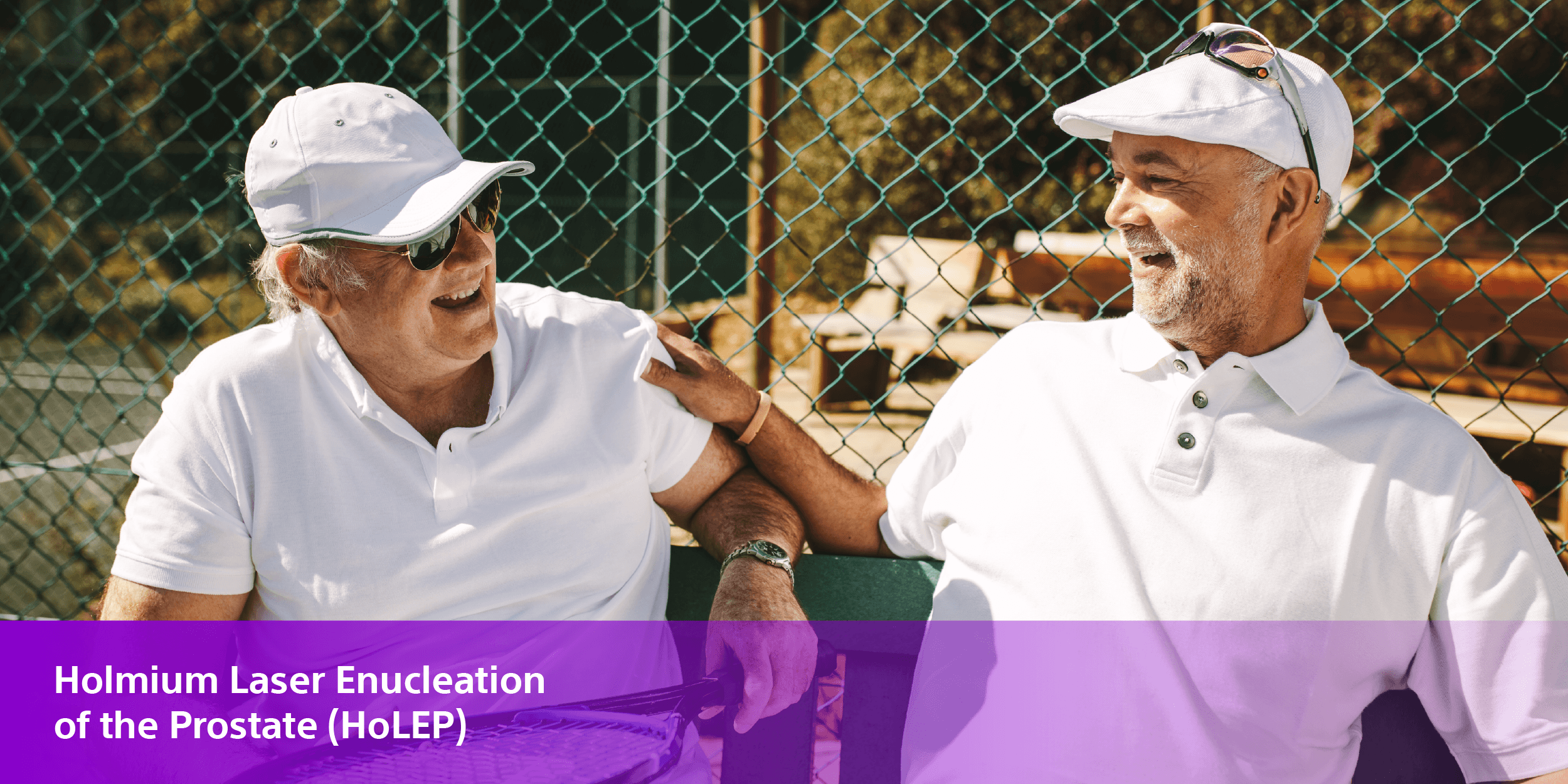 Two older men playing tennis with banner Holmium laser enucleation therapy (HoLEP).